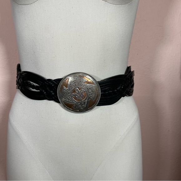 Vintage Bohemian Black Leather Wide Woven Southwestern Belt with Brass/Concho. main image 14